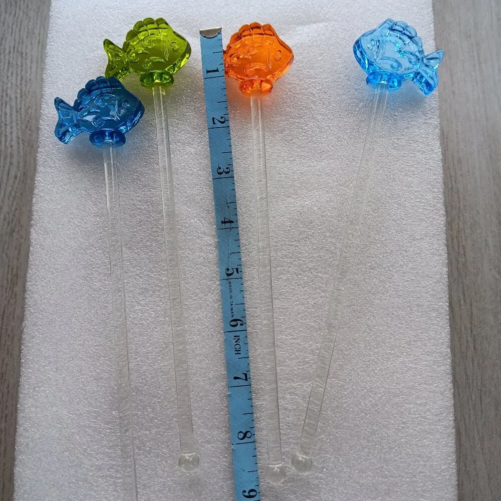 Vintage Pier 1 Glass Fish Swizzle Sticks & Plastic Fish Ice Cubes Set Blue
